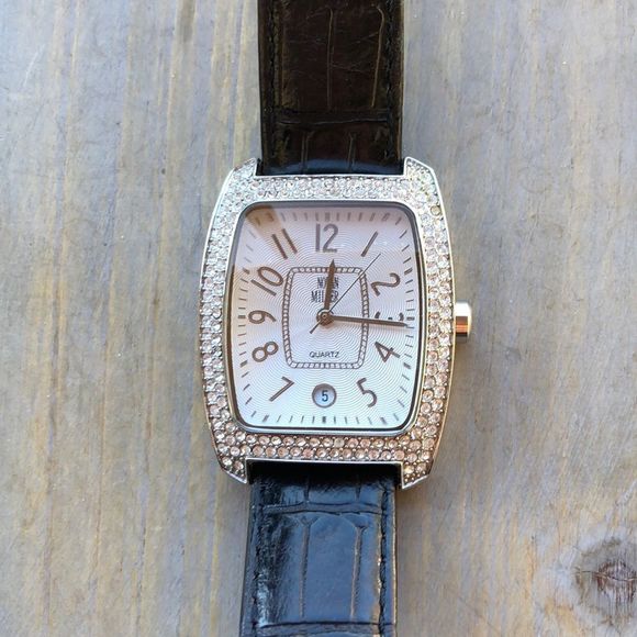 Nolan Miller Crystal Embossed Black Leather Tank Watch! EUC - Picture 1 of 11